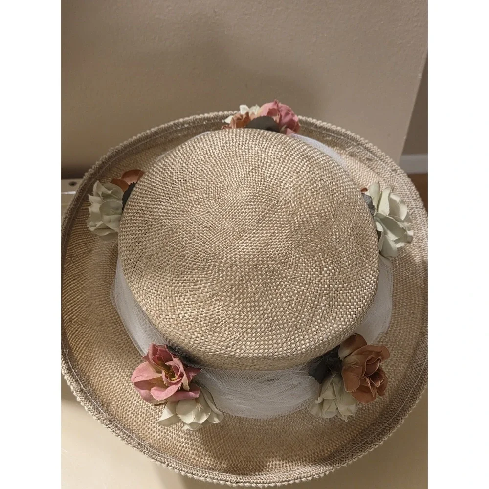 Deborah Rhodes Mocha Wide Brim Hat Sinamay Floral Derby Church Wedding 22.5